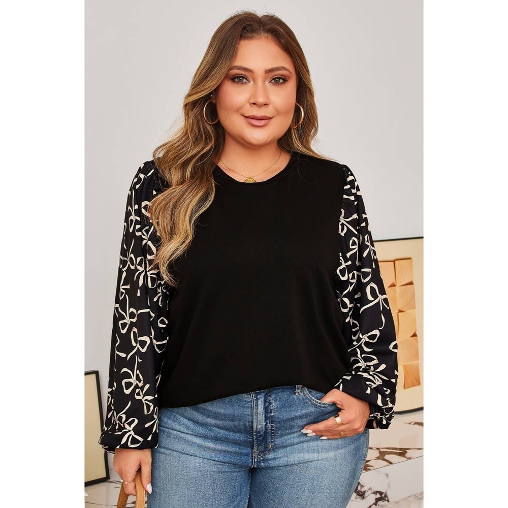 Bow Patchwork Long Sleeve Blouse - Plus
